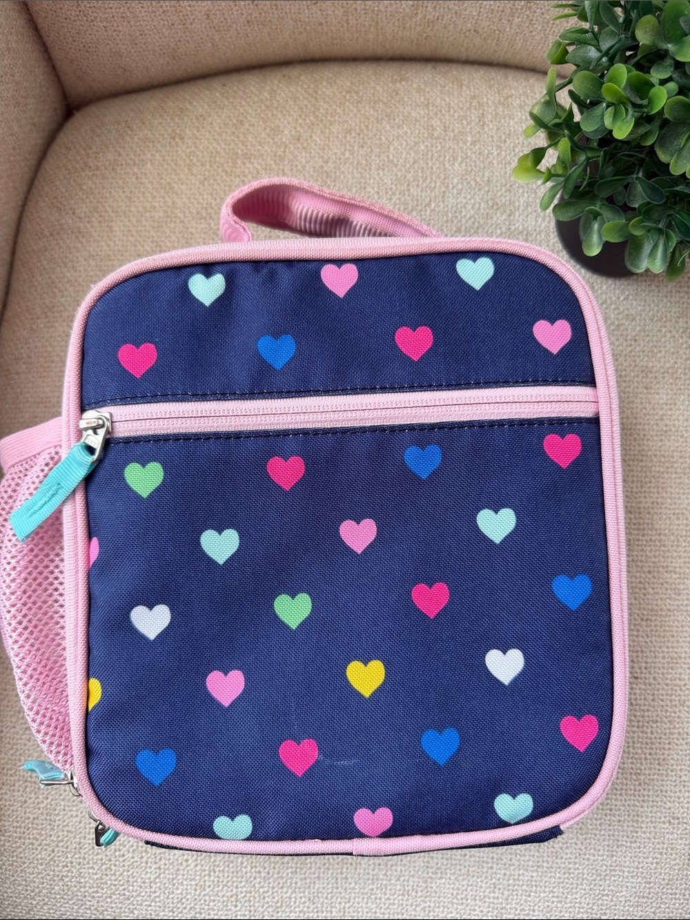 Pottery Barn Kids Navy Heart Print Lunch Bag with Pink Trim